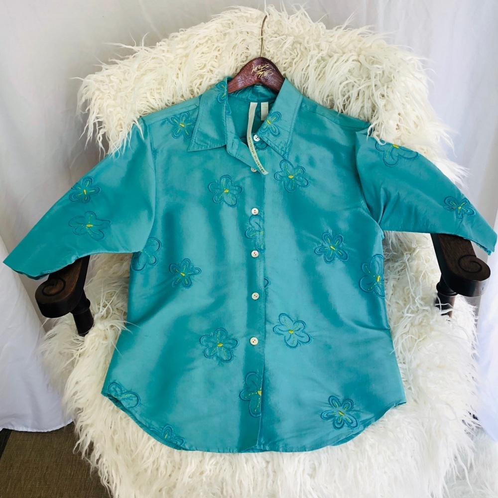 Debra Deroo Silk Turquoise Floral Jacket/Blouse